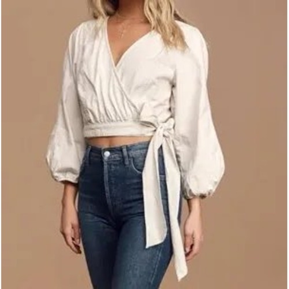 Free People Sophie wrap Top Womens XS Ivory Excellent Puff Sleeve Tie Waist Crop